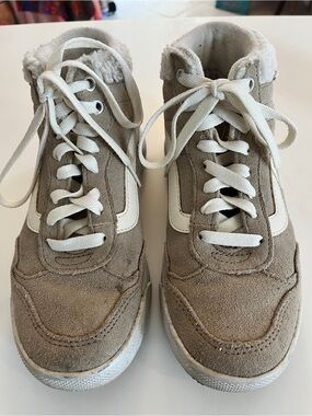 Vans Beige Suede High-Top Sneakers with White Stripe some wear Size 6